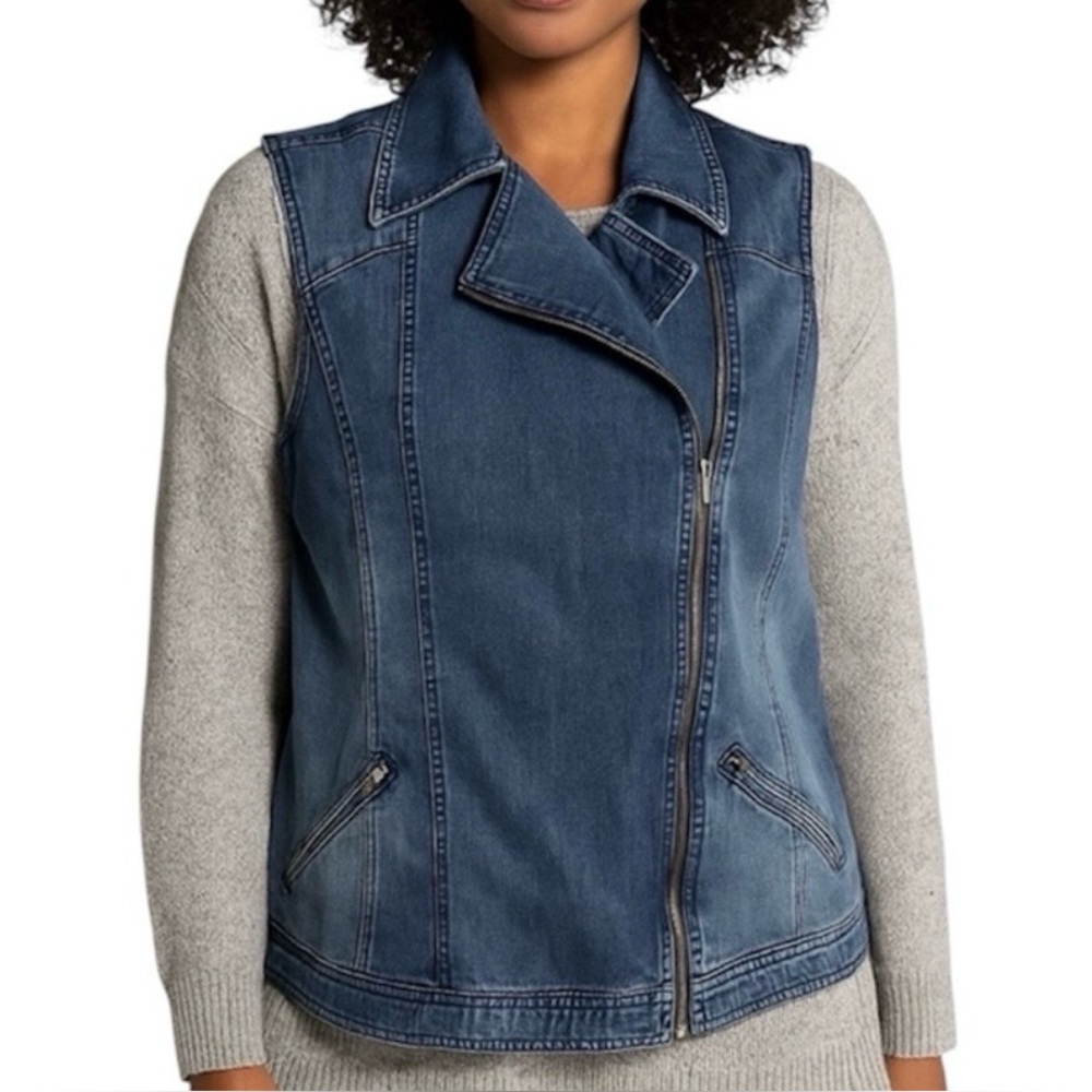 Platinum by Chico’s zip up denim blue jean vest women’s small